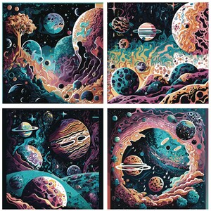 May include: A digital art print featuring a colorful, abstract space scene with planets, stars, and swirling nebulae. The print is divided into four sections, each showcasing a different part of the space scene.