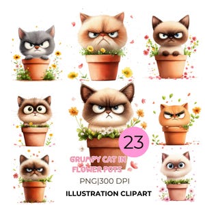 May include: Illustration clipart featuring a collection of grumpy cat faces in terracotta flower pots, surrounded by flowers and greenery. The cats have various fur colors and expressions. The image includes the text "Grumpy Cat in Flower Pots" and "Illustration Clipart".