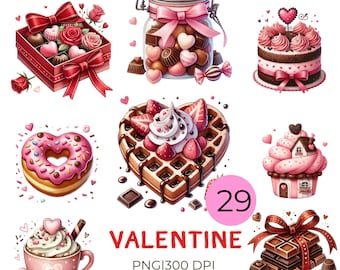 Valentinstag Clipart-Set | Aquarell Schokolade & Süßigkeiten PNG | Digitale Valentinstag Grafiken | Herz Waffeln Donuts Cupcake