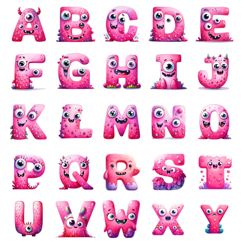 Cute Monster Lettering Clipart - Alphabet & Numbers Watercolor Set for ...