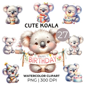 Niedliche Koala Feier Clipart - entzückende Geburtstag Koala Aquarell Illustrationen für Partyeinladungen, Grußkarten und festliches Kunsthandwerk