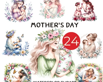 Aquarel clipart moeder en kind: 24 png-illustraties (digitale download)