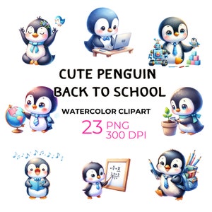 May include: A set of 23 watercolour clipart images of cute penguins in various school-themed scenes. The penguins are wearing blue ties and are holding items like a globe, a plant, a book, and a pencil. The text "CUTE PENGUIN BACK TO SCHOOL" is written in pink letters above the images.