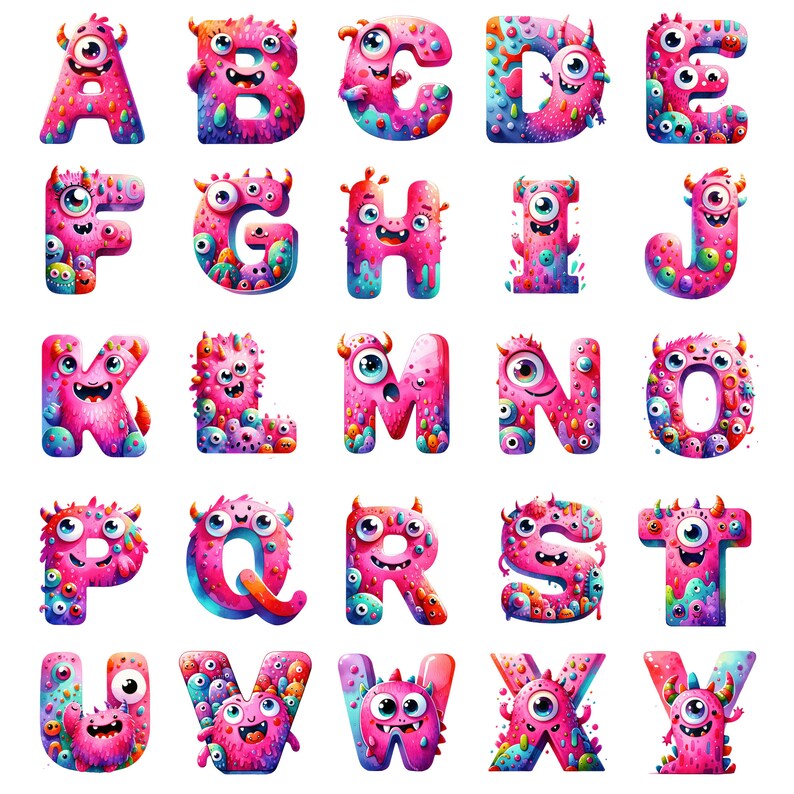 Pink Monster Lettering Clipart Alphabet & Numbers Watercolor Set for ...