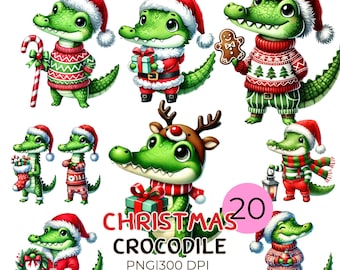 Christmas Crocodile Clipart: Watercolor Holiday Illustrations (PNG)