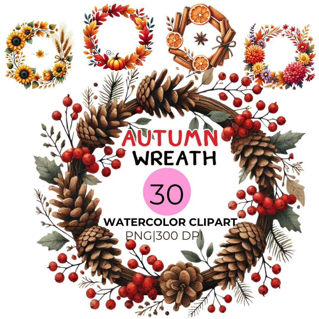 Watercolor Fall Wreath Clipart: Autumn Floral PNG (300 DPI) - Etsy