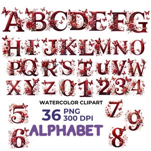 Alfabeto de mariposas y rosas rojas, clipart, alfabeto floral, números, alfabeto de acuarela