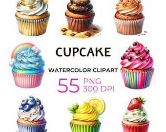 Watercolor Cupcake Clipart: 55 Dessert PNG Images (Digital Download)