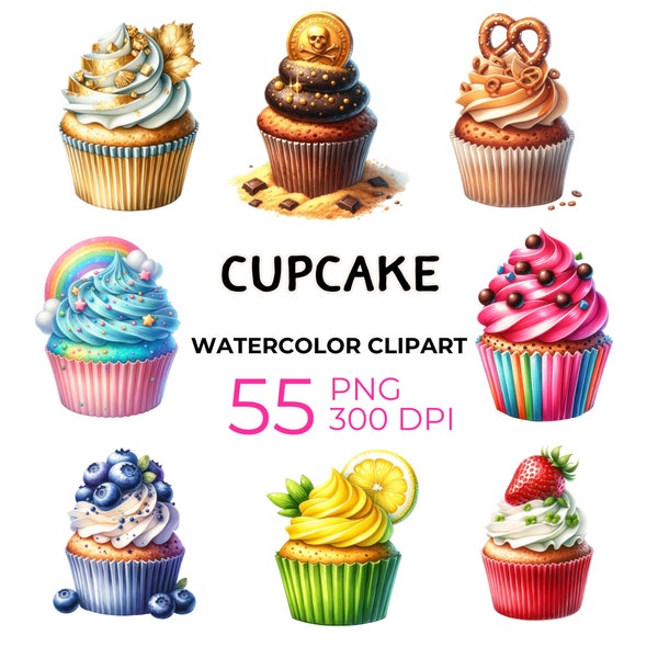 Cupcake Clipart Collection - 55 Watercolor Dessert PNG Images, Digital Download, Bakery Graphics for Invitations and Party Decor