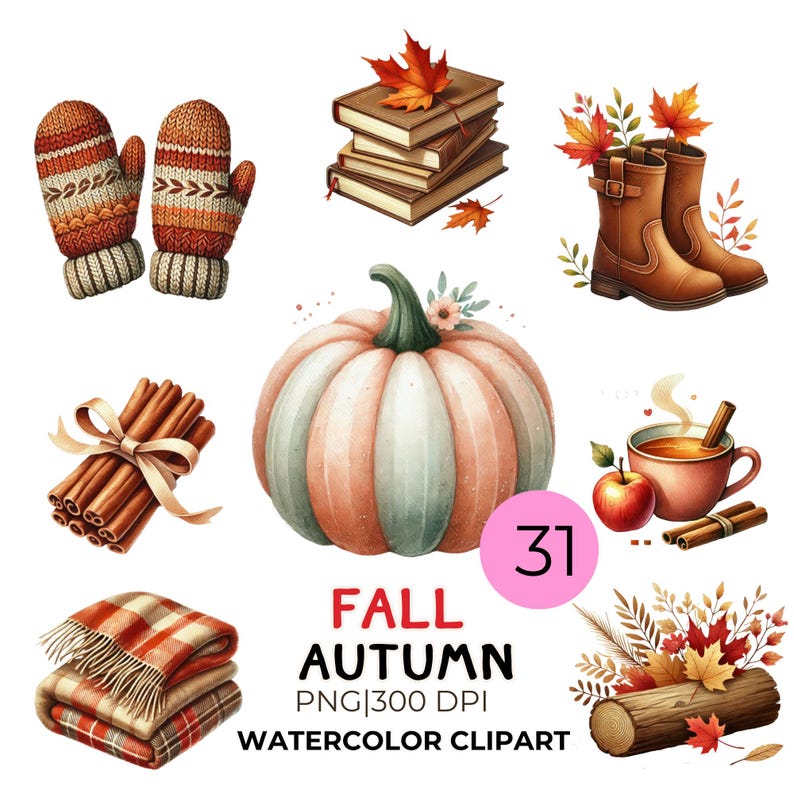 Autumn Watercolor Clipart Set: Cozy Fall PNG Elements (digital Download ...