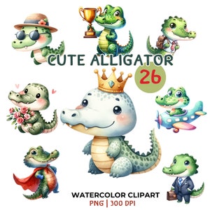 Adorable Alligator Watercolor Clipart Collection - 26 PNG Images for Creative Projects,Charming Alligator Adventures Clipart Collection