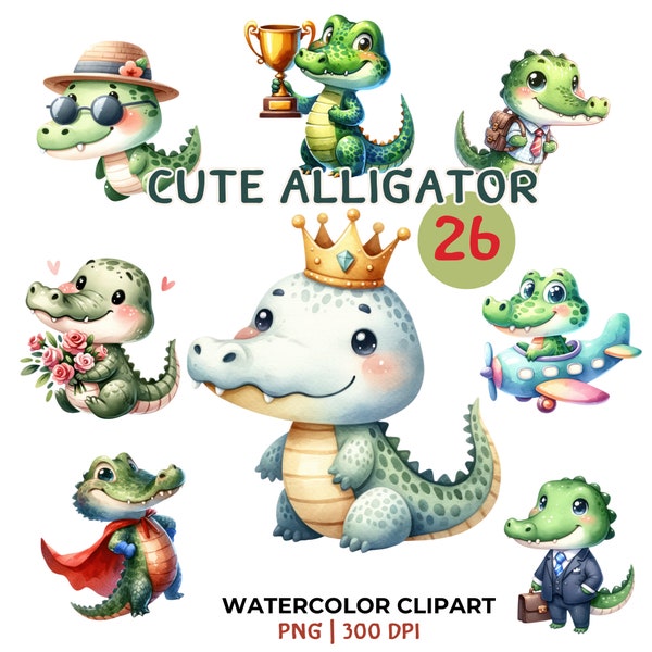 Adorable colección de imágenes prediseñadas de acuarela de cocodrilo: 26 imágenes PNG para proyectos creativos, colección de imágenes prediseñadas de Charming Alligator Adventures