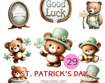 St. Patrick's Day Watercolor Clipart: Lucky Bear PNG (Digital Download)