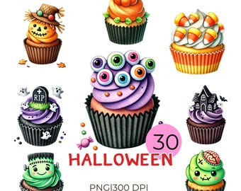 Clipart de Cupcake de Halloween: Conjunto PNG de Aquarela (Download Digital)