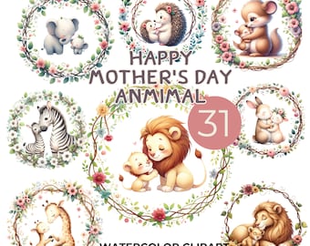 Watercolor Mom and Baby Animal Clipart Bundle (Digital Download)