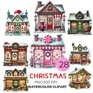 Clipart vetrina natalizia - Set PNG di negozi di acquerelli festivi per lavori fai da te