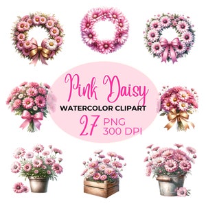 Pink Daisy Bouquet Watercolor Clipart Collection