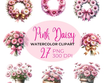 Pink Daisy Bouquet Watercolor Clipart Collection