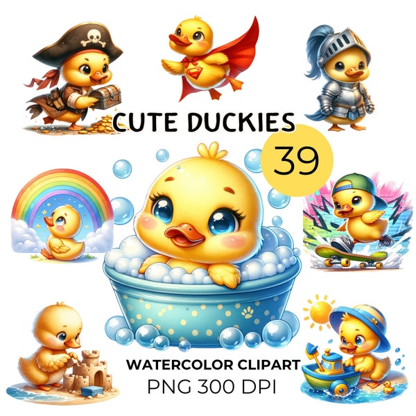 Adorable Duckies Watercolor Clipart Collection - 39 PNG Images for Creative Projects,Charming Duckies Adventures Clipart Collection