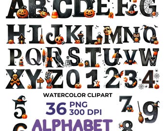 May include: A set of 36 Halloween-themed watercolor clipart images. The images include the alphabet, numbers, and various Halloween symbols, such as pumpkins, bats, ghosts, and witches' hats. The images are in black, orange, and white.