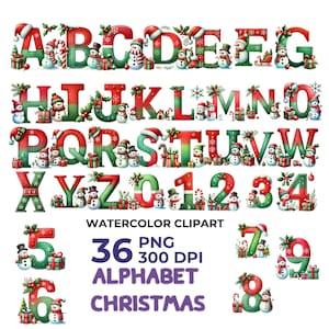 Christmas Alphabet Clipart | 36 PNG Watercolor Letters-Numbers | Holiday Digital Art for Invitations & Decor