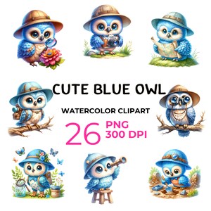 May include: Set of 26 watercolour clipart images of cute blue owls wearing explorer hats and carrying various items like a magnifying glass, camera, map, binoculars, telescope, and a shovel. The owls are on a white background.