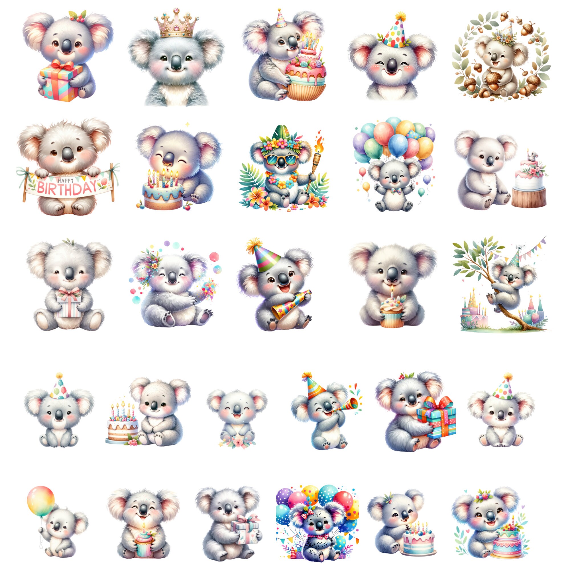 Cute Koala Celebration Clipart - Adorable Birthday Koala Watercolor ...