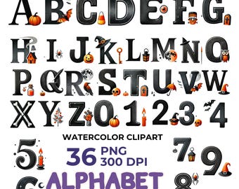 Halloween Alphabet Clipart, Aquarell Buchstaben & Zahlen PNG, Halloween Grafiken für Bastelprojekte