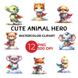 Superhero Animal Clipart - Aquarela Heroic Animals PNG - Decorações e convites para festas infantis