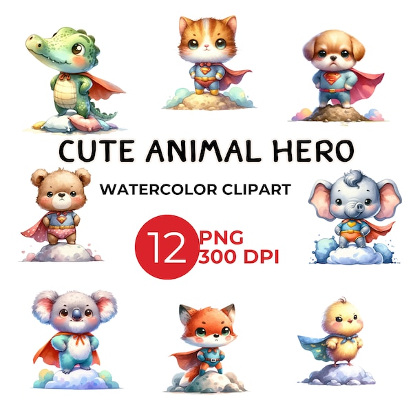 Superhero Animal Clipart - Watercolor Heroic Animals PNG - Kids Party Decorations and Invitations