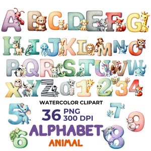 Animal Alphabet Watercolor Clipart - Cute Animal Letters & Numbers PNG Set, 300 DPI Digital Download for Kids Learning Nursery Decor