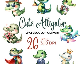 Adorable colección de imágenes prediseñadas de acuarela de cocodrilo: 26 imágenes PNG para proyectos creativos, colección de imágenes prediseñadas de Charming Alligator Adventures