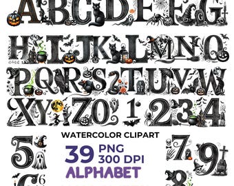 Halloween Alphabet Clipart: Aquarell PNG Buchstaben & Zahlen (Digitaler Download)