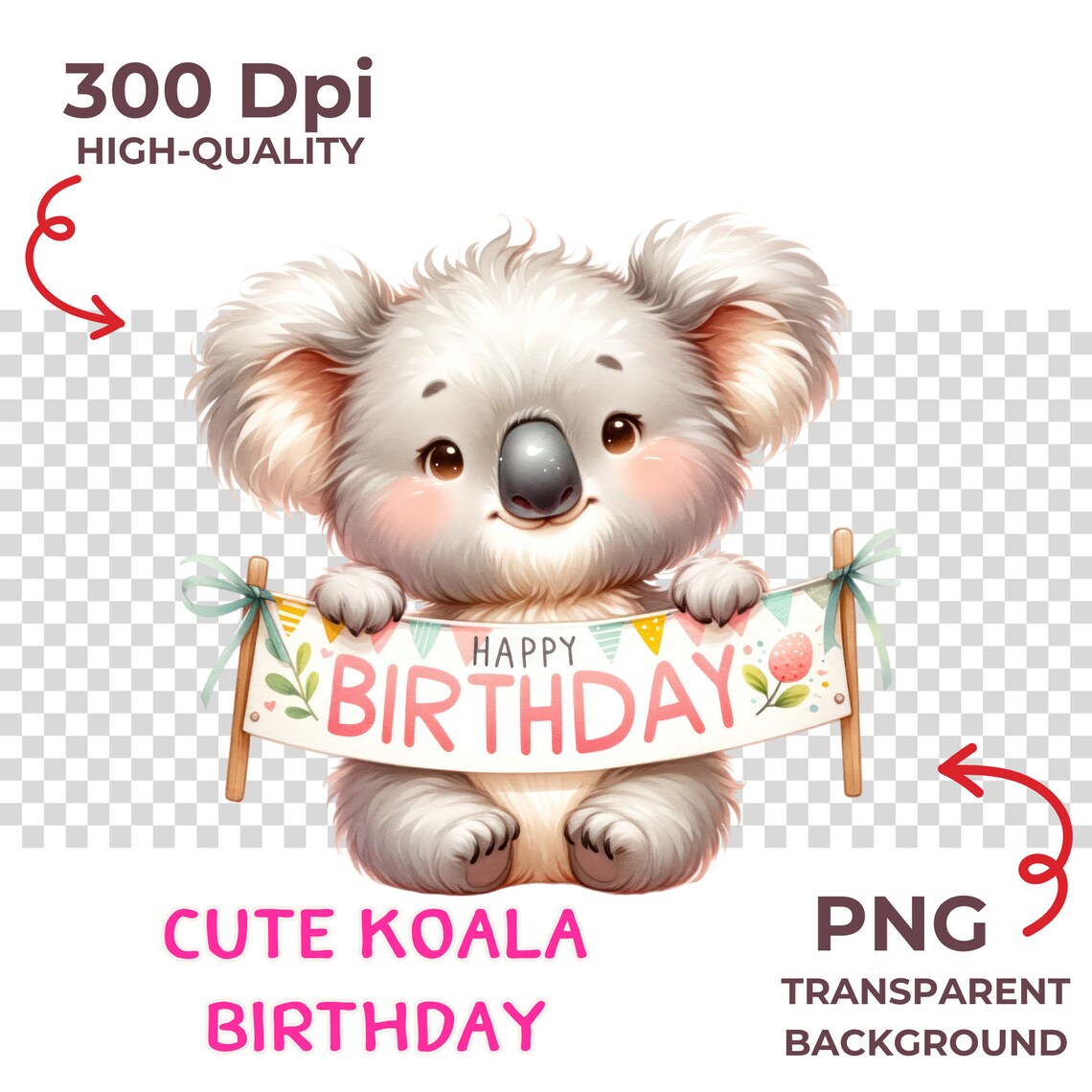 Cute Koala Celebration Clipart - Adorable Birthday Koala Watercolor ...