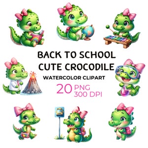 May include: A set of 20 watercolor clipart images featuring cute crocodiles in various school-themed scenes. The crocodiles are wearing backpacks, holding books, playing musical instruments, and more. The images are perfect for back-to-school projects, classroom decorations, and other creative uses.