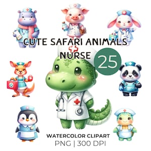 May include: A set of 25 watercolour clipart images of cute safari animals dressed as nurses. The animals include a hippopotamus, pig, rabbit, kangaroo, dinosaur, penguin, panda, and turtle. Each animal is wearing a white nurse's uniform with a red cross and a stethoscope. The images are perfect for creating cards, invitations, scrapbook pages, and other crafts.