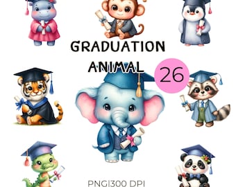 Puede incluir: Clipart de acuarela con varios animales, incluyendo un hipopótamo, un mono, un pingüino, un tigre, un elefante, un mapache, un caimán y un panda, todos vestidos con atuendos de graduación. También se incluye el texto "GRADUATION ANIMAL" y "26".
