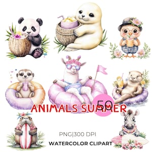 Puede incluir: Conjunto de clipart de acuarela de 10 animales de verano. Los animales incluyen un panda, una foca, una llama, una nutria, un suricato, una cebra y un oso. Los animales llevan todos ropa y accesorios de verano, como gafas de sol, sombreros y flotadores. El conjunto también incluye una variedad de objetos con temática veraniega, como cocos, cócteles y tablas de surf. El texto "ANIMALS SUMMER" está escrito en letras rosas y blancas.