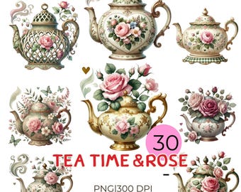 Rose Teapot Clipart: Vintage Watercolor Tea Party Illustrations (PNG Digital Download)