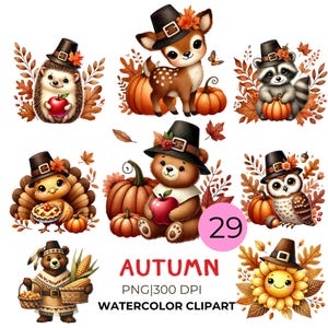 May include: A set of 9 watercolor clipart images featuring various animals dressed in pilgrim hats and holding autumnal items like pumpkins, gourds, and sunflowers. The images are perfect for fall-themed crafts, scrapbooking, and digital design projects.