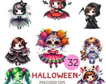 Kawaii Halloween-clipart | Tekens van aquarelmeisjes (digitale download)