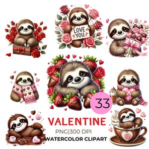 Puede incluir: Un conjunto de 33 imágenes de clipart de acuarela que representan perezosos en varias escenas con temática de San Valentín. Los perezosos se representan con corazones, chocolate, flores y otros elementos románticos. Las imágenes son perfectas para crear tarjetas, invitaciones y otras manualidades.