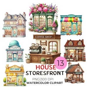 Aquarell Storefront Clipart-Set: Ladengrafik (PNG, 300 DPI)