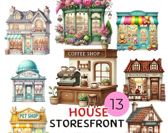 Watercolor Storefront Clipart Set: Shop Graphics (PNG, 300 DPI)