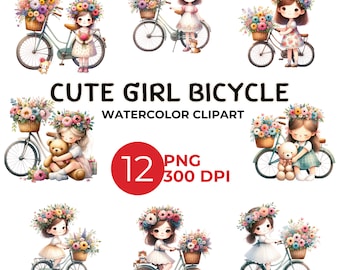 Watercolor Girl and Bicycle Clipart: Spring Flower Bike PNG (Digital Download)