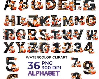 Autumn Fox Alphabet Clipart: Watercolor Woodland Letters (PNG Digital Download)