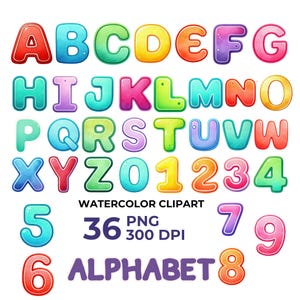 Watercolor Alphabet Clipart | 36 PNG Letters & Numbers | Colorful Digital Download for Classroom or Kids Decor