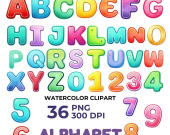 Watercolor Alphabet Clipart: 36 PNG Letters & Numbers (Digital Download)