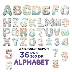 Cute Watercolor Alphabet & Number Clipart, 36 PNG Digital Letters for Nursery Decor, Kids Birthday Decor, Scrapbooking