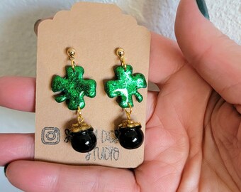 Four leaf Clover with pot of gold earrings/ St. Patrick's Day Jewelry/Handmade Earrings